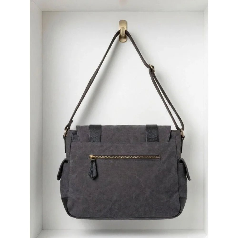 Punctuate Canvas Messenger Crossbody Laptop Bag - Dark Gray Charcoal